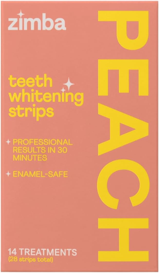 Zimba Teeth Whitening Strips Vegan Whitening Strip Enamel Safe Teeth Whitening Hydrogen Peroxide Teeth Whitener for Coffee, Wine, and Other Stains, 28 Strips (14 Day Treatment), Peach