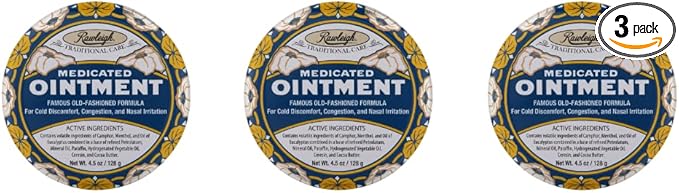 Rawleigh Medicated Ointment: 4.5 oz Blue Tin, Topical Chest Rub for Cold, Nasal Congestion, Minor Aches and Pain, with Camphor, Menthol & Eucalyptus, Non-Greasy Formula - Pack of 3