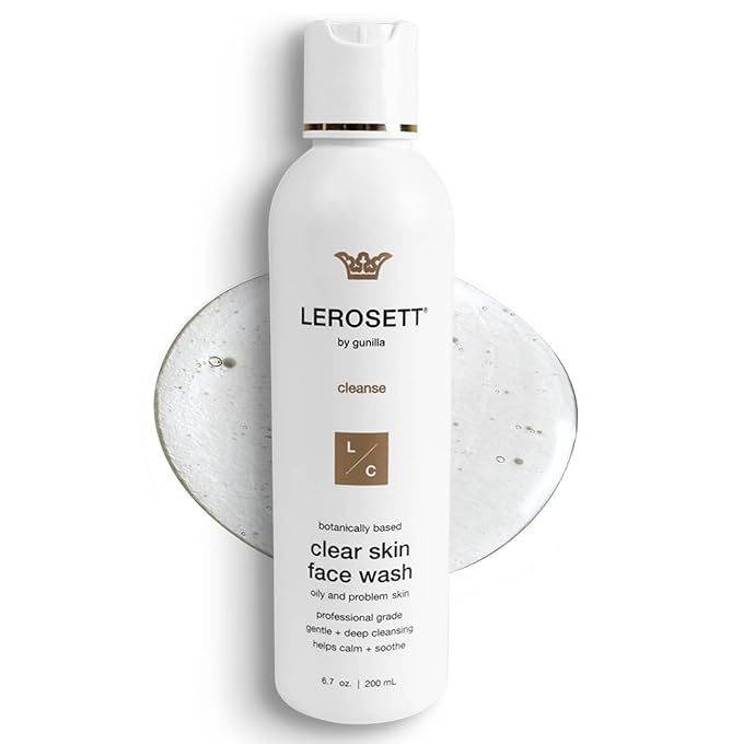LEROSETT® Clear Skin Face Wash – Gentle Gel Cleanser with 60% Aloe-Rich Botanicals, 4% Glycolic Acid & Vit-E Microbeads – Fights Breakouts, Unclogs Pores, Balances Oil – Spa-Grade, Vegan – 6.7oz