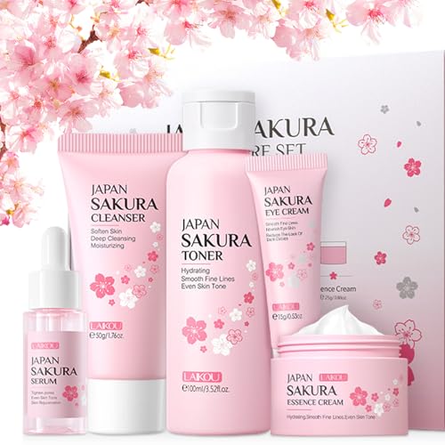 5Pcs Skin Care Set Sakura Women Beauty Gift Sets Korean Skin Care Kit with Cleanser, Face Serum, Face Cream,Toner,Eye Cream, Mud Mask - Skin Care Routine Kit for Women (Sakura)