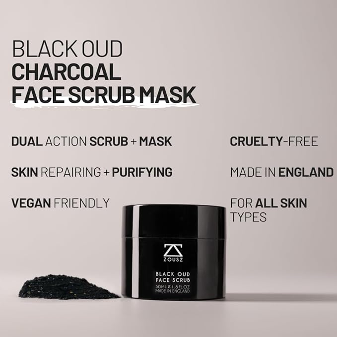 Black Oud Charcoal Men’s Face Scrub & Mask – Deep Cleansing Exfoliating Clay Face Wash with Activated Charcoal, Salicylic Acid & Hyaluronic Acid – Clears Pores & Revives Skin – 50ml