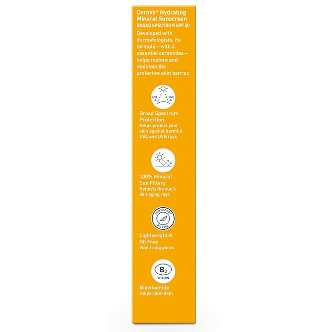 CeraVe 100% Mineral Sunscreen SPF 50 | Face sunscreen With Zinc Oxide & Titanium Dioxide | Hyaluronic Acid + Niacinamide + Ceramides | Oil Free Sunscreen For Face | Travel Size Sunscreen 2.5 oz