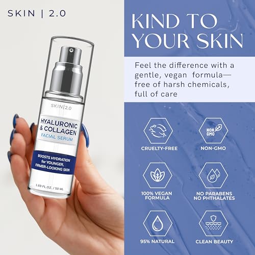 Skin 2.0 Hyaluronic Acid & Collagen Face Serum - Dermatologist Tested, Skin Tightening, Hydrating - Anti-Aging, Clean Beauty, Cruelty-Free Korean Skincare for All Skin Types - 1.69 Fl oz