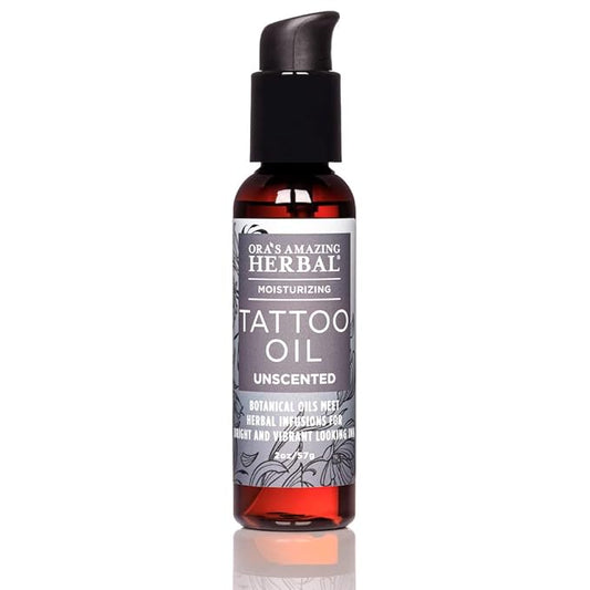 Ora's Amazing Herbal Unscented Tattoo Oil, Fragrance Free Moisturizer For Tattoos, Heal New & Brighten Old, Soothe Itch, Moisturize, Men Women, Natural Tattoo Aftercare, (2 oz)