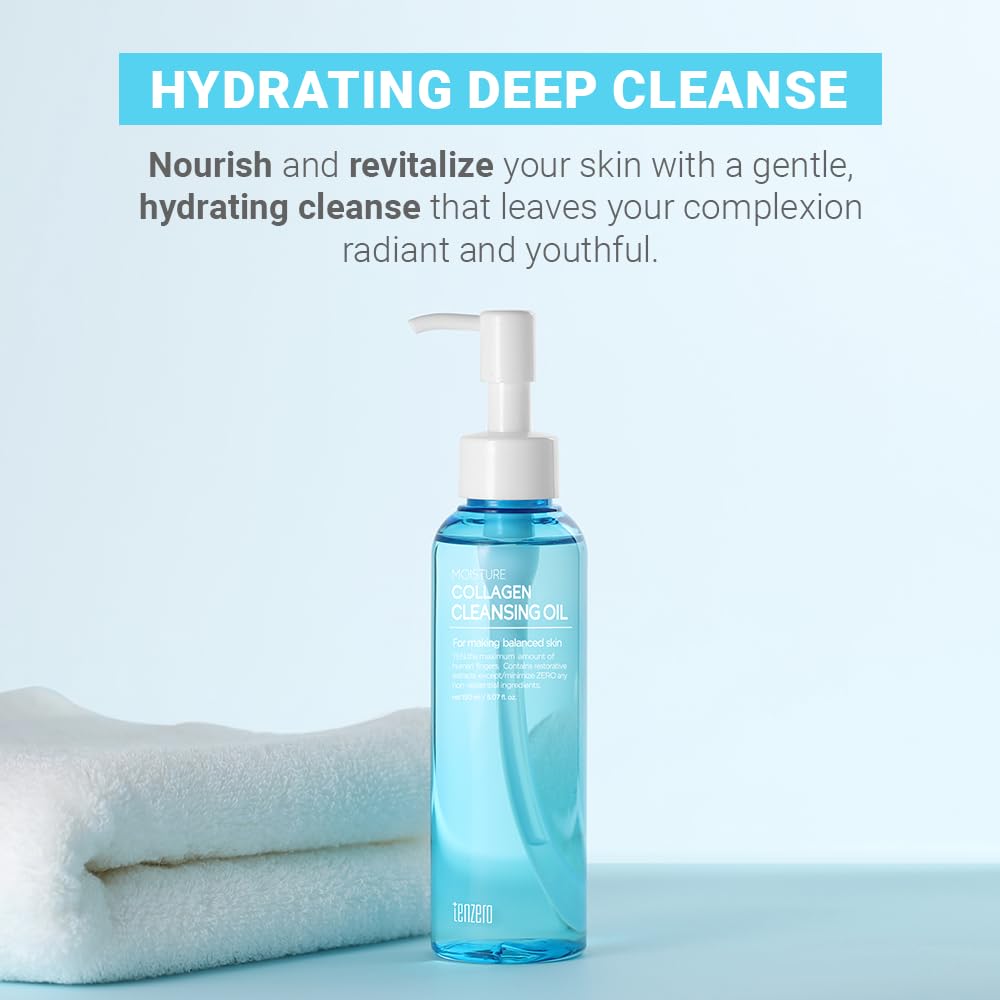 tenzero Moisture Collagen Cleansing Oil 5.07 fl oz (150ml), Hydrating, Daily Makeup Blackhead Remover for Face, Pore Control Oil Cleanser, Korean Skincare, Double Cleansing