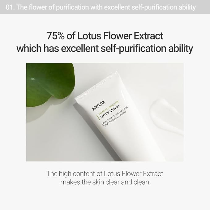 ROVECTIN Calming Lotus Water Cream - Lightweight Moisturizer Face Cream for Oily, Combination Skin | 75% Lotus Water Extract For Skin Purifying, Anti-Aging | Vegan Korean Skincare (2.1 fl.oz, 60ml)