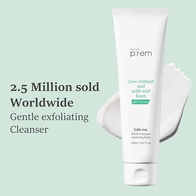 MAKE P:REM Safe Me. Relief Moisture Cleansing Foam, Delicate Eye-Friendly Face Wash, pH Balanced Deep Pore Cleansing, Korean Skin Care, 150ml, 5.07 Fl.Oz.