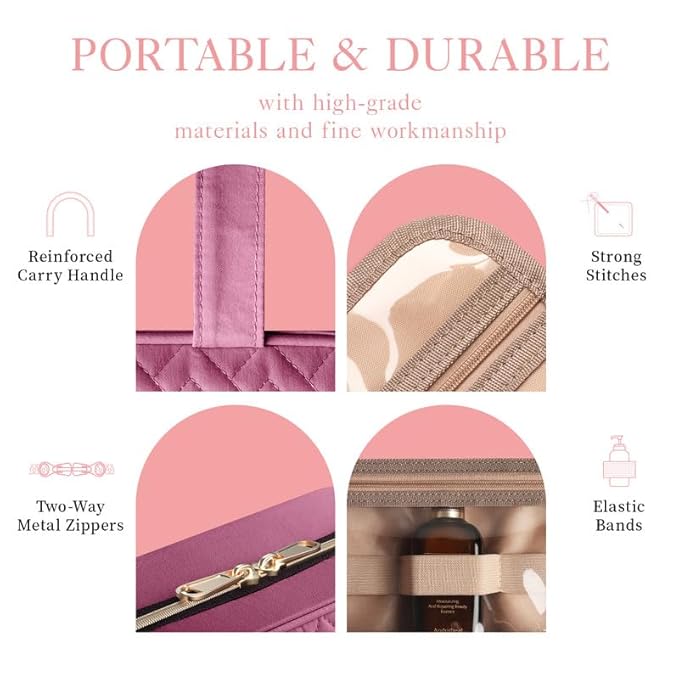 HOTOR Travel Toiletry Bag w/Hanging Hook - Spacious Toiletry Bag Essentials for Women & Men, Makeup Bag/Big Comparment, Waterproof for Travel Accessories, Medium, Rosewood-Pink