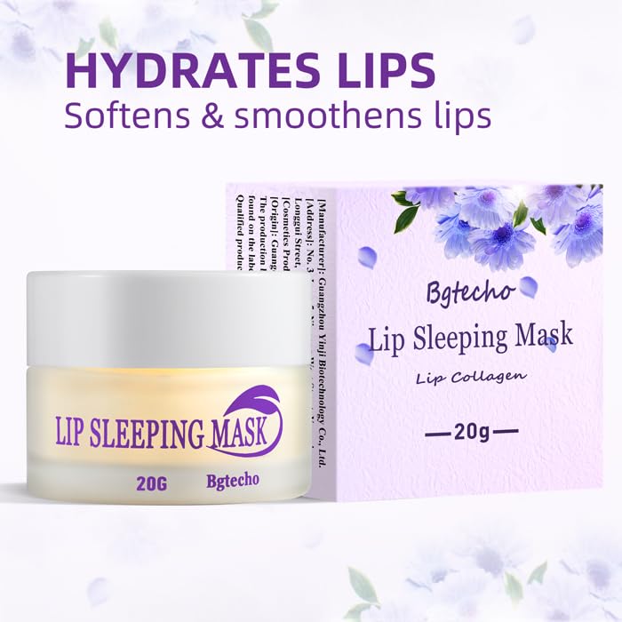 Bgtecho Lip Mask Overnight,Lip Collagen Lip Sleeping Mask With Peptide Complex,Moisturizing Lip Balm for Lip Care Cracked Lips,Dry Lips,Lip Wrinkles Repair,Nourish & Hydrate(20g)