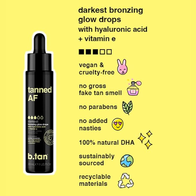 b.tan Darkest Self Tan Drops for Face & Body | Get Tanned - Darkest Gradual Self Tanner Bronzing Glow Drops, Vegan, Cruelty Free, 1.0 Fl Oz