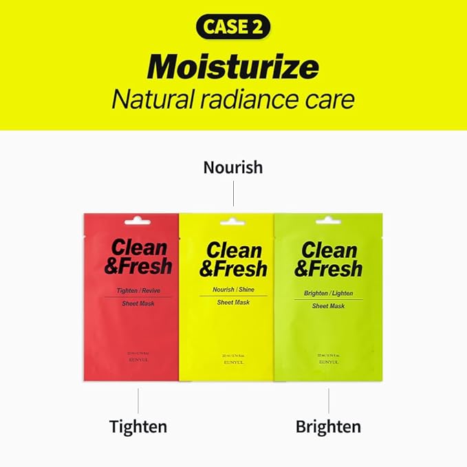 EUNYUL [PACK OF 10] Clean & Fresh Sheet Mask 22 ml / 0.74 fl.oz. 10 types Korean Sheet Mask Bundle Pack For All Skin Type Face Mask Pack