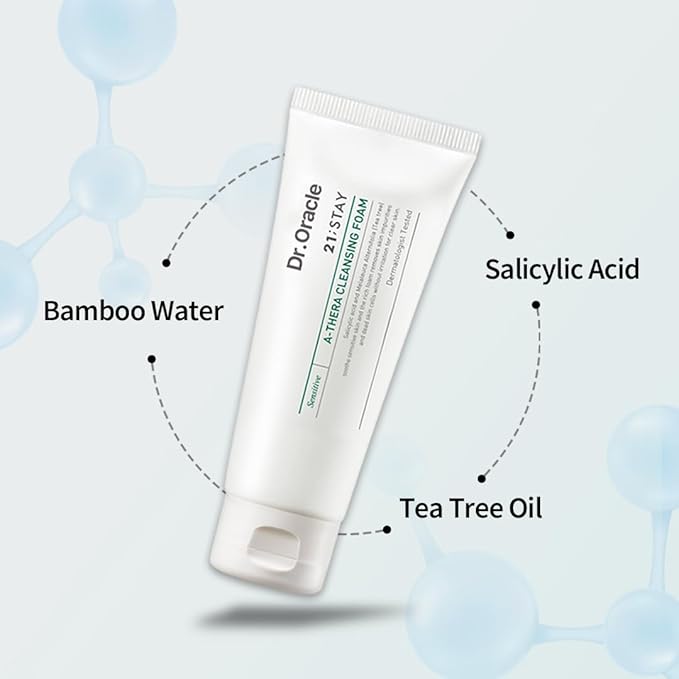 DR.ORACLE 21 Stay A-Thera Cleansing Foam – Salicylic Acid Facial Cleanser for Sensitive & Acne-Prone Skin, Gentle Korean Face Wash with Tea Tree and Bamboo water, Dermatologist Tested 3.38 fl oz