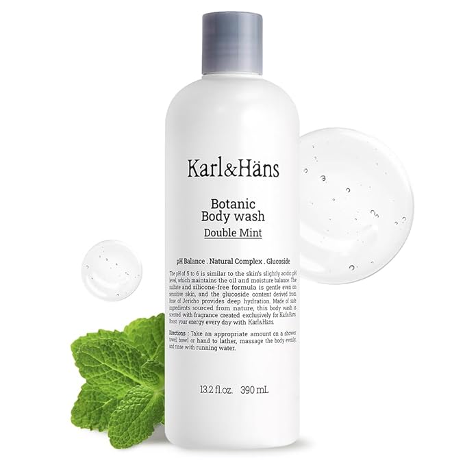 Karl&Hans Botanic Double Mint Vegan Body Wash - Organic, Moisturizing, Natural Shower Gel with Peppermint for Men and Women - Sulfate and Silicone-Free, 13.2 fl oz