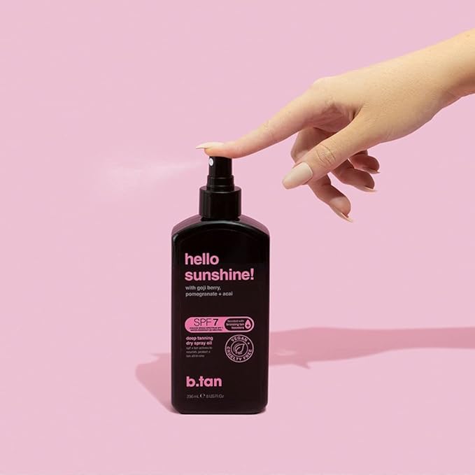 b.tan SPF 7 Deep Tanning Dry Spray | Hello Sunshine Tanning Oil - Enriched w/Bronzer & Tan Boosting Actives, Deeply Nourishes Skin w/Goji Berry, Pomegranate + Açai, Vegan, Cruelty Free, 8 Fl Oz