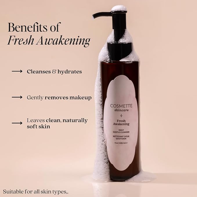Cosmette Fresh Awakening Daily Cleanser, Face Wash & Makeup Remover With Olive, Sunflower, & Rice Bran Oils, Gentle, Natural Skin Care, Hydrating, Nourishes & Protects Skin, Vegan, 4 FL Oz