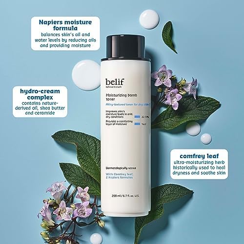 belif Moisturizing Bomb Hydrating Toner - Ceramide Milky Texture, Strengthens Skin Barrier, Soothing & Repair Serum Essence, Ultra-Hydrating 2-in-1 Toner & Moisturizer, Korean Skincare, 5.07 Fl Oz