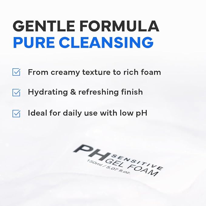 SAM'U PH Sensitive Gel Foam Cleanser | Korean Hydrating Face Wash with Hyaluronic Acid & Centella | Gentle Facial Cleanser for Dry & Sensitive Skin (5.07 Fl. Oz.)