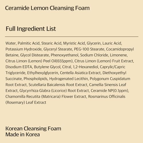 eyeNlip Ceramide Lemon Cleansing Foam 3.3fl oz - Creamy Daily Cleanser with Fruit Extracts and Ceramide NP for Soft, Fresh Skin, Korean Skin Care