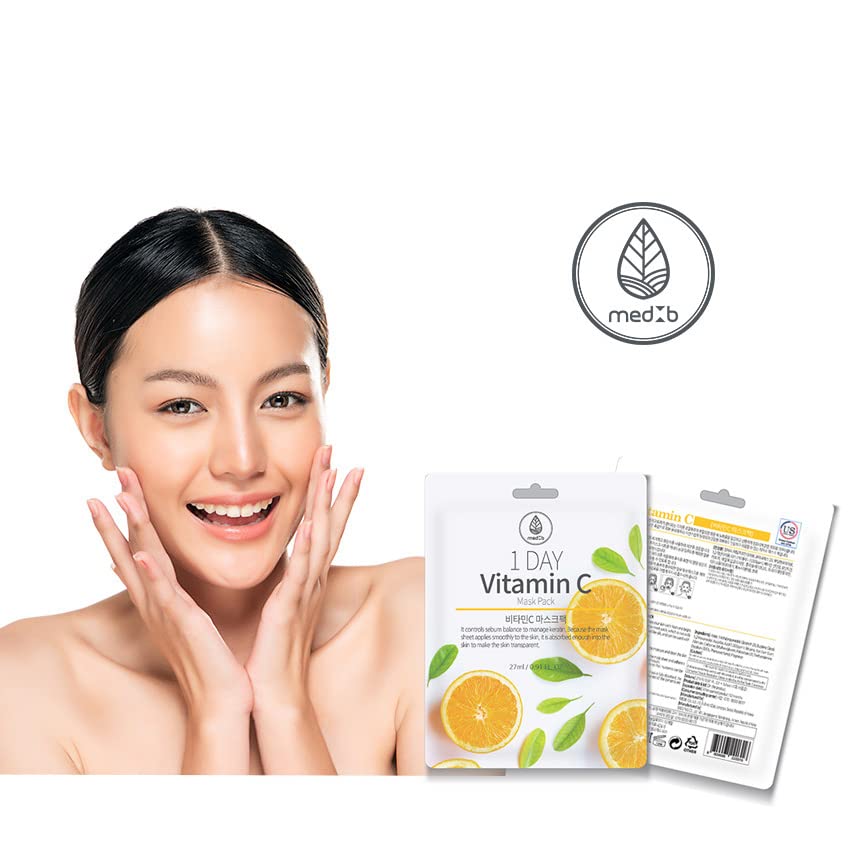 MEDB 1 Day Snail & Vitamin C Mask Pack - 10 Sheet Set, Daily Facial Sheet Masks with Hyaluronic Acid, for Hydrating, Brightening & Even Glowy Complexion, Korean Skincare