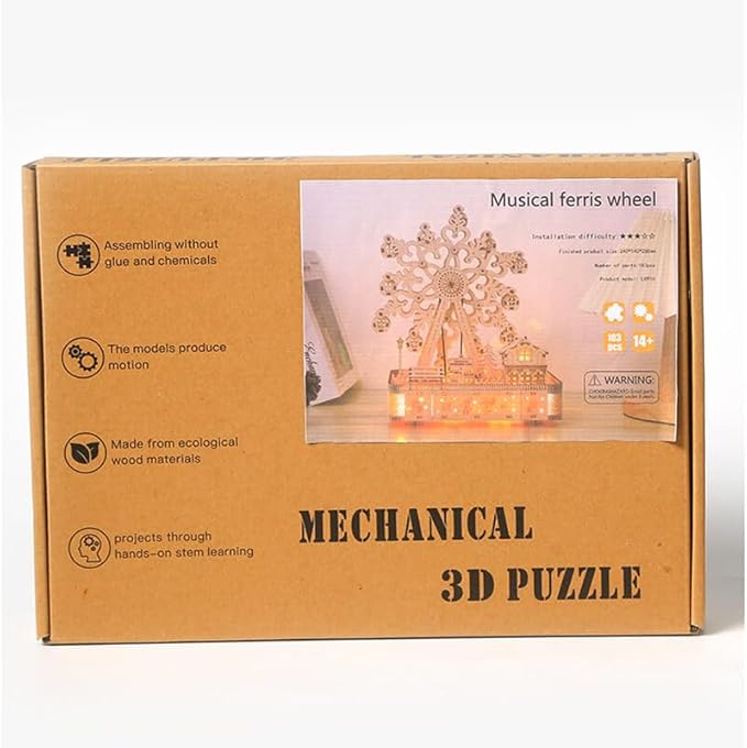 3D Wooden Puzzles for Adults 183pcs LED Light Music Ferris Wheel DIY Wooden Assembly Kit for Teens Home Decor