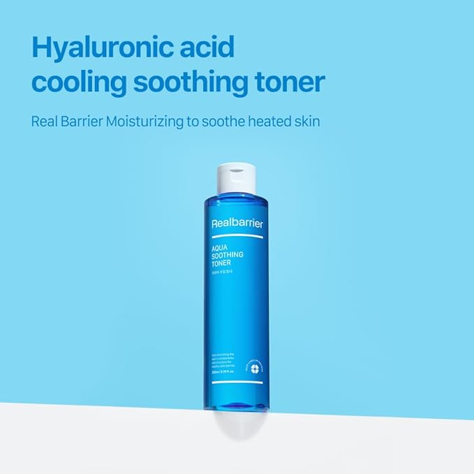 Real Barrier Aqua Soothing Toner 6.76 Fl Oz, Moisturizing to Soothe Heated Skin, Hyaluronic Acid Cooling Soothing Toner, Mildly Acidic Toner with Hypoallergenic Cooling Ingredient, Korean Skincare