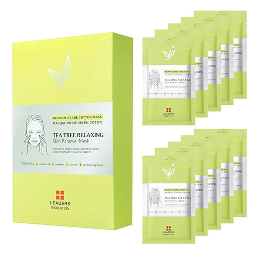Leaders Insolution Tea Tree Relaxing Skin Renewal Mask | Soothing Facial Sheet for Acne, Oil Control, and Sensitive Skin | Hydrating Botanicals | Calms Redness, Smooth (10 Sheets)