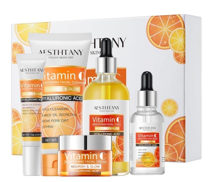 R RadiantRise Vitamin C Skin Care Set For Women , 5-In-1 Moisturizing Hyaluronic Acid Skin Care Routine with Facial Cleanser, Serum, Face Cream, Eye Cream, Toner