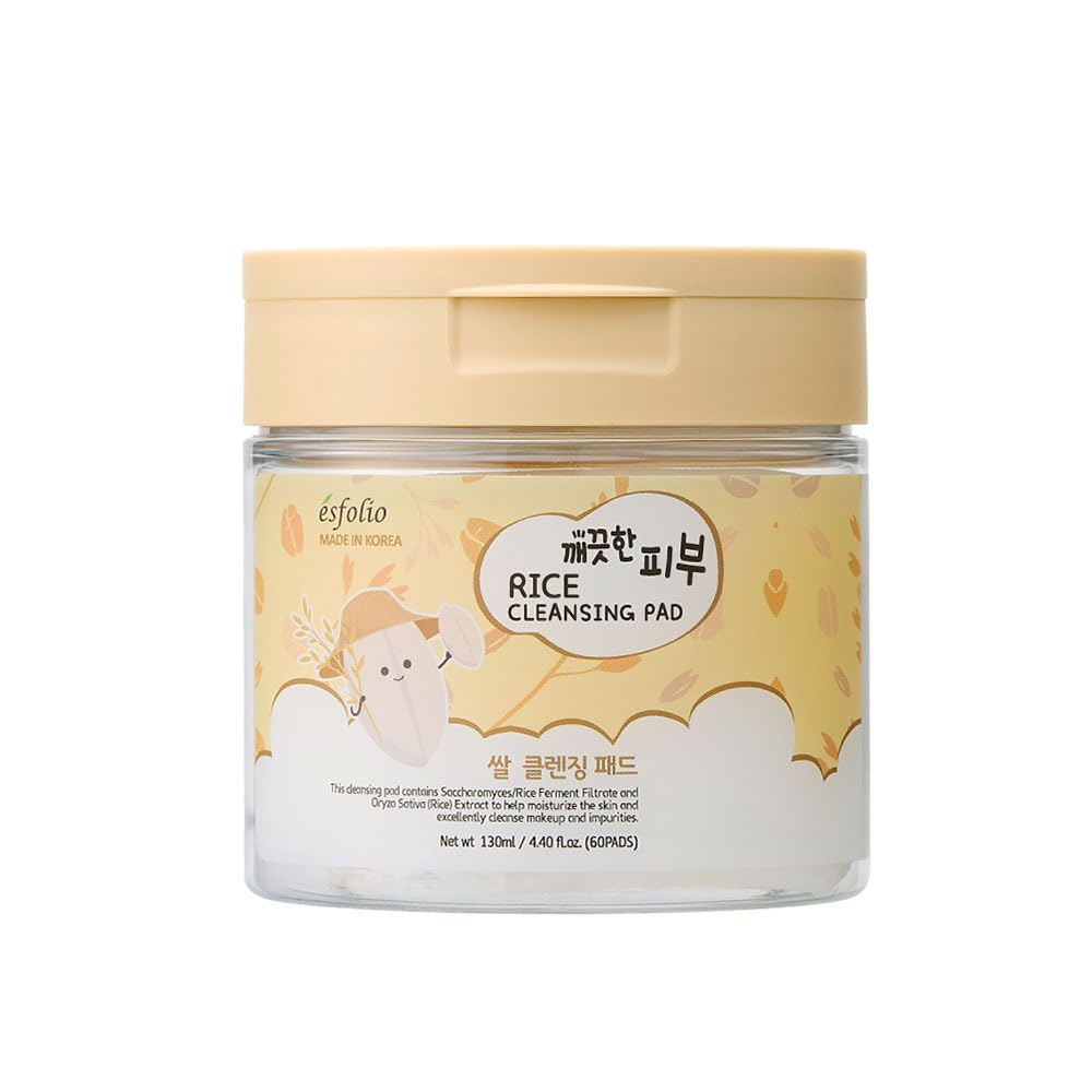Esfolio Rice Cleansing Pad – Gentle Daily Facial Pads with Rice Extract for Skin Clarity and Softness – Easy One-Step Cleanser for Radiant Complexion – Korean Skincare – 60 Count