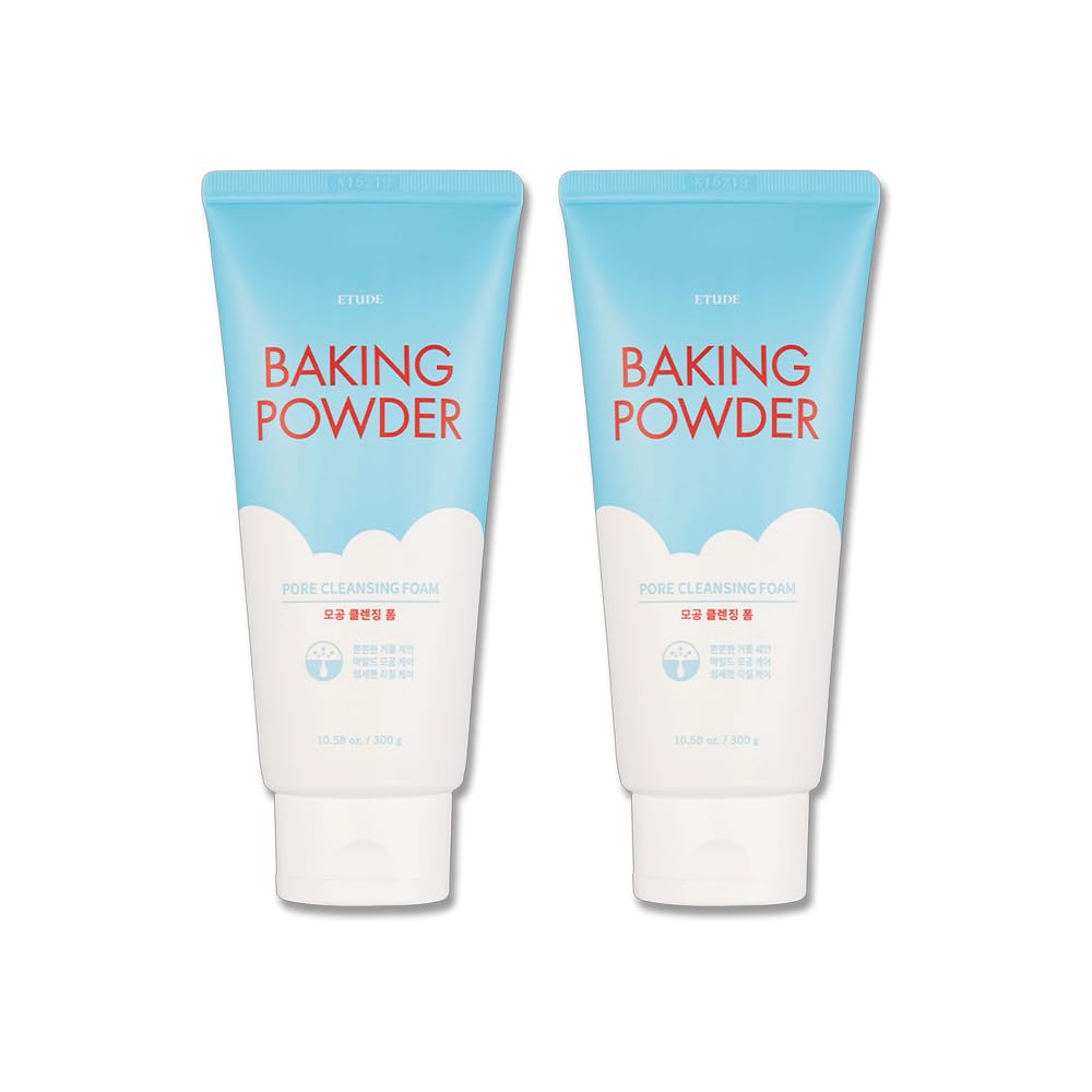 ETUDE Baking Powder Pore Cleansing Foam 1+1 Set, Face Wash for Deep Dead Cells, Micro Sized Baking Powder to Clean Deep Inside Poer, Soft and Creamy Bubble, Korean Skin Care (21.16 Ounce, 300g*2)