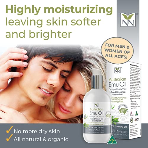 Y-Not Natural Ultra Pure Australian Emu Oil - Luxury, Hospital Grade Emu Oil 200mL | Free Range Aboriginal Omega 3, 6 & 9 Oil Infused with Green Tea - The Ultimate Moisturizer for Skin, Hair, Nails, and Scalp