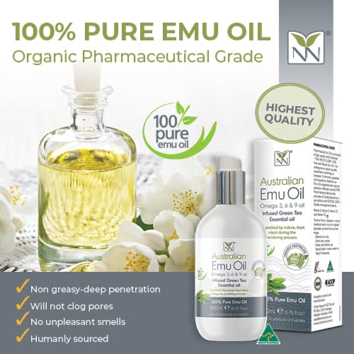 Y-Not Natural Ultra Pure Australian Emu Oil - Luxury, Hospital Grade Emu Oil 200mL | Free Range Aboriginal Omega 3, 6 & 9 Oil Infused with Green Tea - The Ultimate Moisturizer for Skin, Hair, Nails, and Scalp