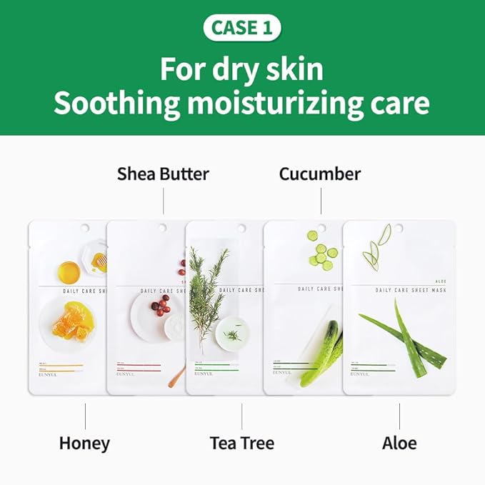 EUNYUL [PACK OF 12] Daily Care Facial Sheet Mask Pack 12 types Korean Skincare Hydrating & Nourishing & Natural Ingredients for All Skin Types