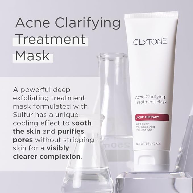 Glytone Acne Clarifying Mask | Sulfur Acne Face Mask Purify Pores and Clearer Complexion | Exfoliating & Soothing Therapy with 6.4% Sulfur, 1% Glycolic & Lactic Acid | Calming facial Clay - 3 oz