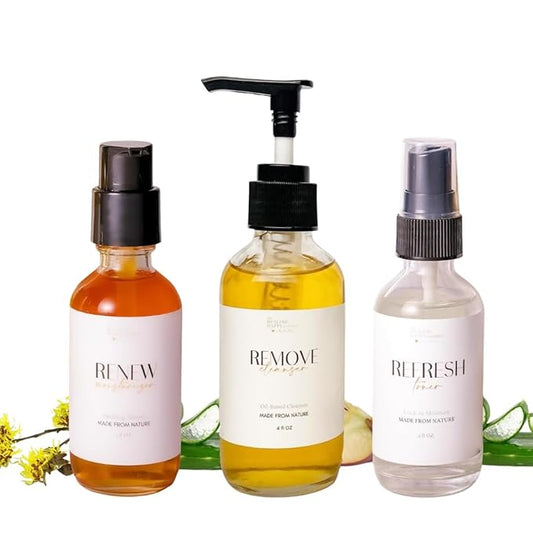 Skin Care Set | Organic Skincare Kit with 4 oz Cleanser, 2 oz Toner & 2 oz Renew Moisturizer | Natural Beauty Gift Set for Nourished, Radiant & Healthy Skin