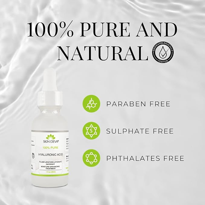 SKIN DEVA 100% Pure Hyaluronic Acid Serum For Face 1 oz of Discoloration Correcting Serum Anti Aging Anti Wrinkle Acid Locks in Essential Moisture Keeps Skin Hydrated Facial Serums For All Skin Types