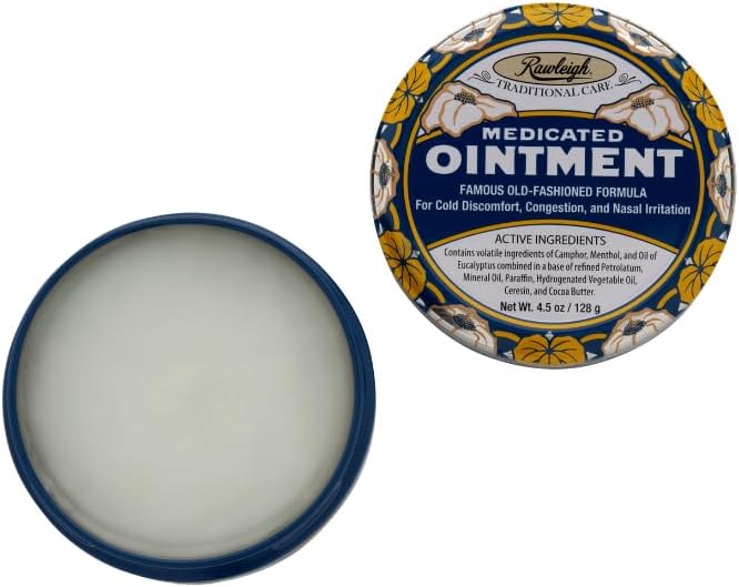 Rawleigh Medicated Ointment: 4.5 oz Blue Tin, Adults & Kids: Topical Chest Rub for Cold, Nasal Congestion, Minor Aches and Pain, with Camphor, Menthol & Eucalyptus, Non-Greasy Formula - Pack of 1