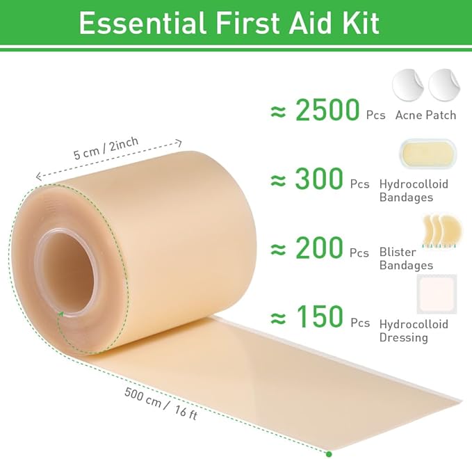 Hydrocolloid Bandages,Hydrocolloid Roll for Wound Care Large hydrocolloid Bandages Patch with Self-Adhesive Waterproof Ultra Absorbent Flexible DIY Size & Shape First Aid Kit Essential (2in*16ft)