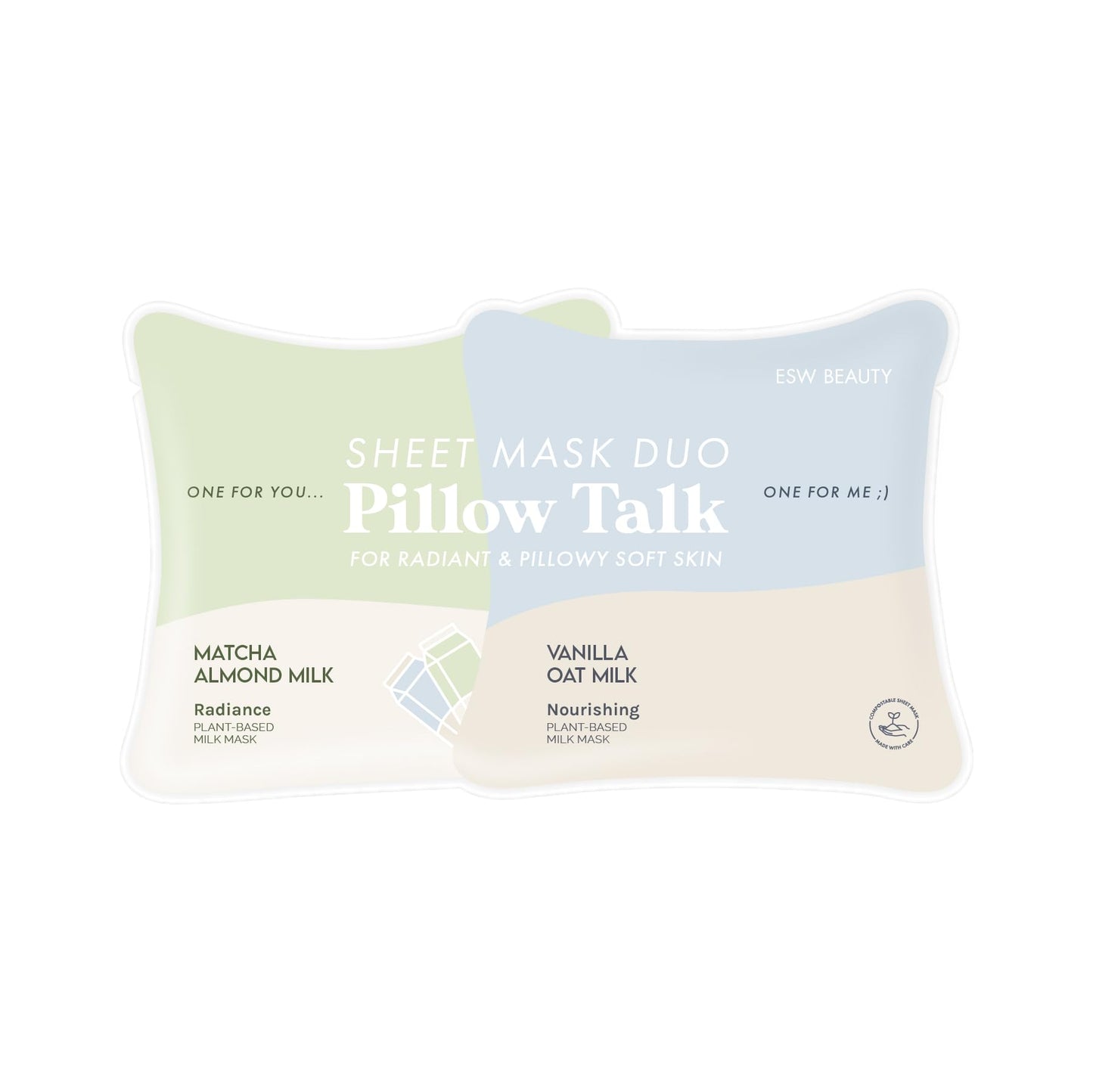 ESW Beauty Pillow Talk Face Mask Duo – Soothing & Nourishing Skincare Set – Includes Matcha Almond Milk & Vanilla Oat Milk – Vegan, Cruelty-Free, Clean Skincare for Radiant, Calm Skin