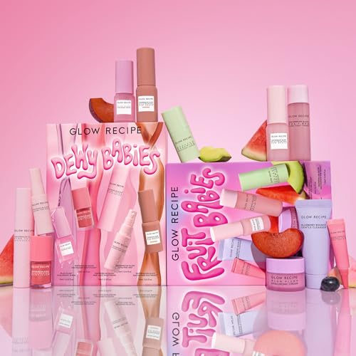 Glow Recipe Dewy Babies Travel Skincare Set - Plum Plump Hyaluronic Acid Serum + Dewy Flush Tinted Blush Drops + Pink Juice Face Moisturizer + Bronzing Hue Drops + Ultra Fine Facial Mist (5 Count)