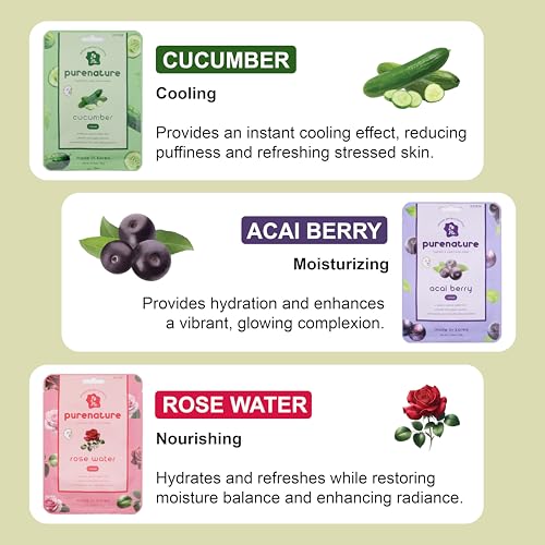 PB&Jay Purenature Hydrate and Calm Facial Mask - 12 Pack Acai Berry,Vita c,retinol and more, Made in Korea, Face Mask Skincare for Hydration, Skincare Face Mask, Moisturizing Mask for Sensitive Skin