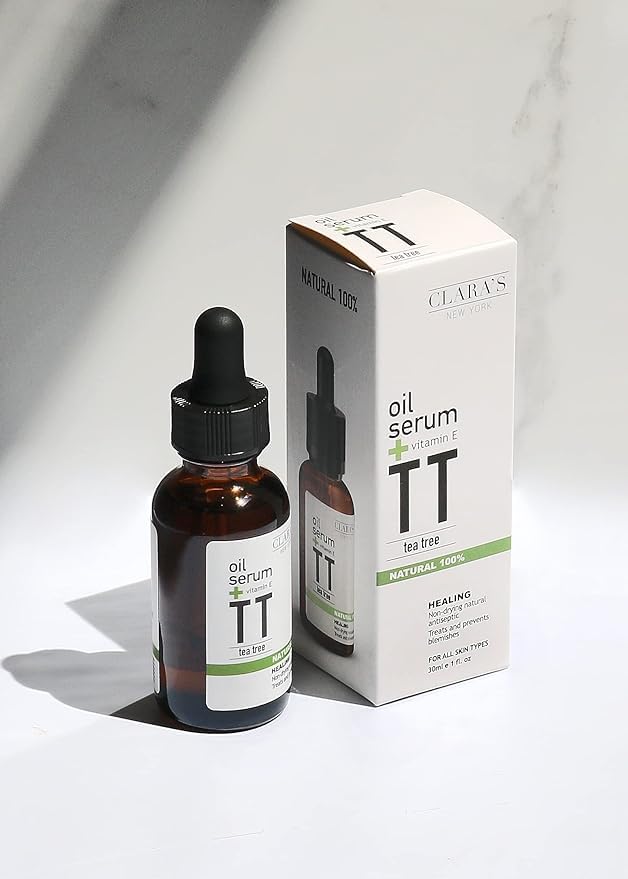 Clara’s New York 100% Natural Tea Tree Facial Oil Serum with Vitamin E – Lightweight, Non-Greasy, Acne & Redness Calming Face Oil for Blemish-Prone Skin – Vegan, Cruelty-Free – 30ml