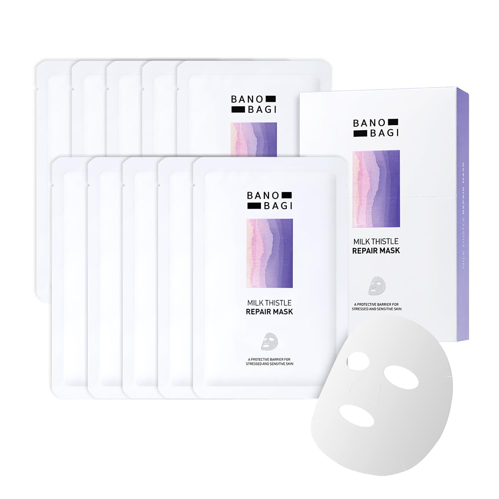 Banobagi Milk Thistle Repair Face Mask – Korean Skin Care with Centella, Hyaluronic Acid & Adenosine | Hydrating & Soothing Sheet Mask for Sensitive Skin, Fragrance-Free, 10EA