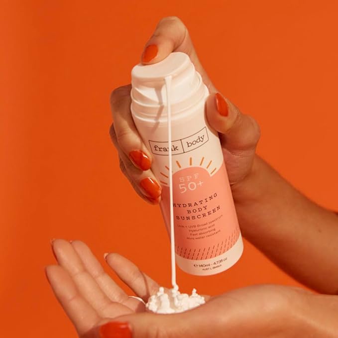 Frank Body SPF50+ Hydrating Body + Facial Sunscreen | Vegan & Cruelty- Free | UVA & UVB Broad Spectrum Sunscreen | Oxybenzone- Free | Hyaluronic Acid, Vitamin E & Aloe Vera (4.73 fl oz/ 140mL)