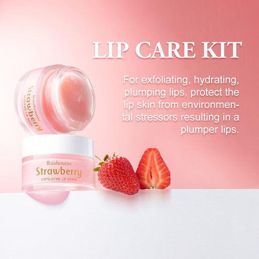 Strawberry Lip Scrub And Mask Set, Sugar Exfoliator Lip Scrub For Dark Lips To Lighten, Lip Care Kit, Sleeping Lip Mask, 1.4 oz / 2-piece
