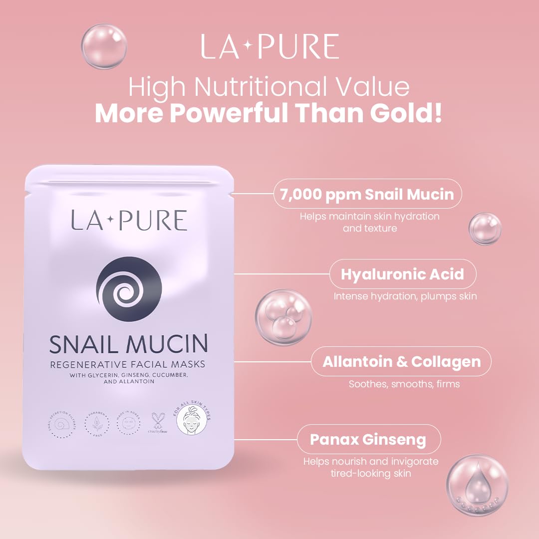 LA PURE Snail Mucin Mask – 10ct Korean Sheet Mask Pack for Signs of Aging, Aid Skin Repair & Hydration – Pure Snail Mask for Face with Collagen & Hyaluronic Acid – Cruelty-Free Hydrating Sheet Mask
