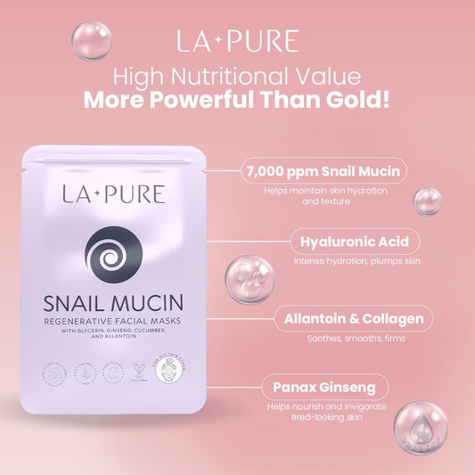 LA PURE Snail Mucin Mask – 10ct Korean Sheet Mask Pack for Signs of Aging, Aid Skin Repair & Hydration – Pure Snail Mask for Face with Collagen & Hyaluronic Acid – Cruelty-Free Hydrating Sheet Mask