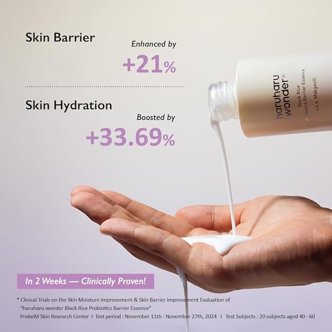 haruharu Wonder Black Rice Probiotics Barrier Essence 1.01 fl. oz., Travel Size Essence Toner to Strengthen Skin Barrier with Ceramides, Soothing, Moisturizing, Plumping, Korean Skincare