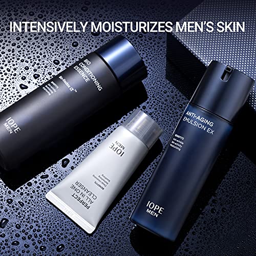 IOPE MEN BIO Anti-aging & Moisturizing Set, Cleanser, Emulsion, Conditioning Essence Serum and Soothing Aftershave, HOMME Korean Skincare by Amorepacific