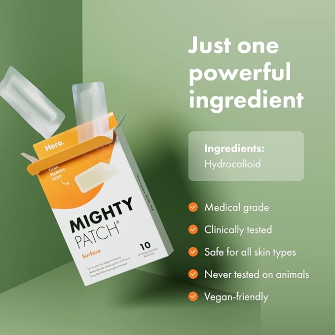 Mighty Patch Hero Cosmetics Surface Patch - Large Hydrocolloid Spot Patch for Body, Cheek, Forehead, and Chin (10 Count)