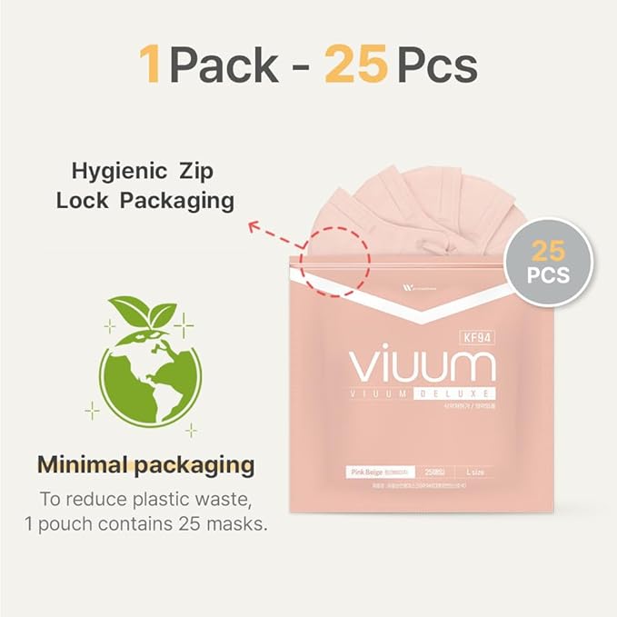 HOMSSEM [25pcs] VIUUM Deluxe Korean Face Color Mask– Soft and Durable Korea Face Mask for Adults –2D 4-Layer Filter 6Color (Pink beige-Large)